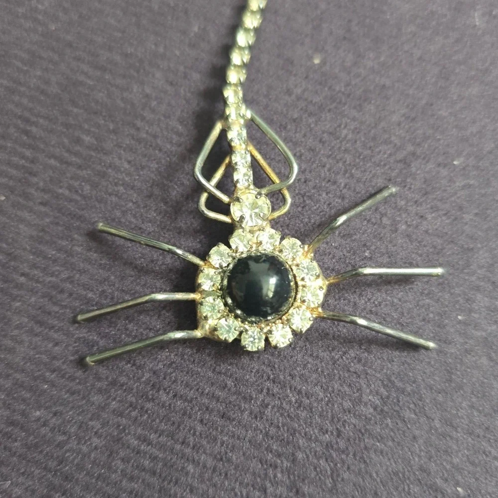 Vintage Silver Tone Rhinestone Spider Web Dangle Brooch Pin Black Cabochon 5in